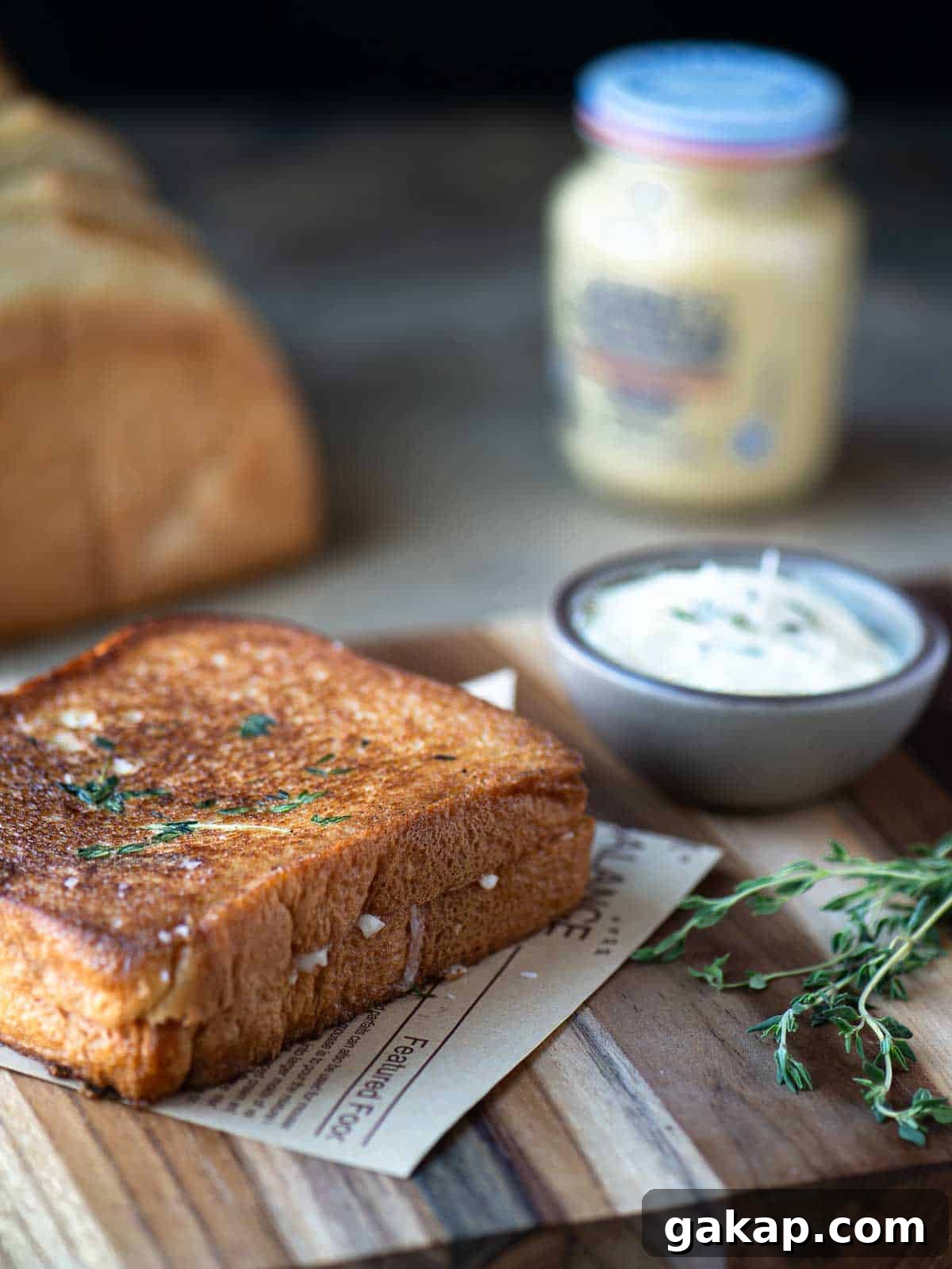 Grilled cheese on a wood surface with butter and mustard in the background.