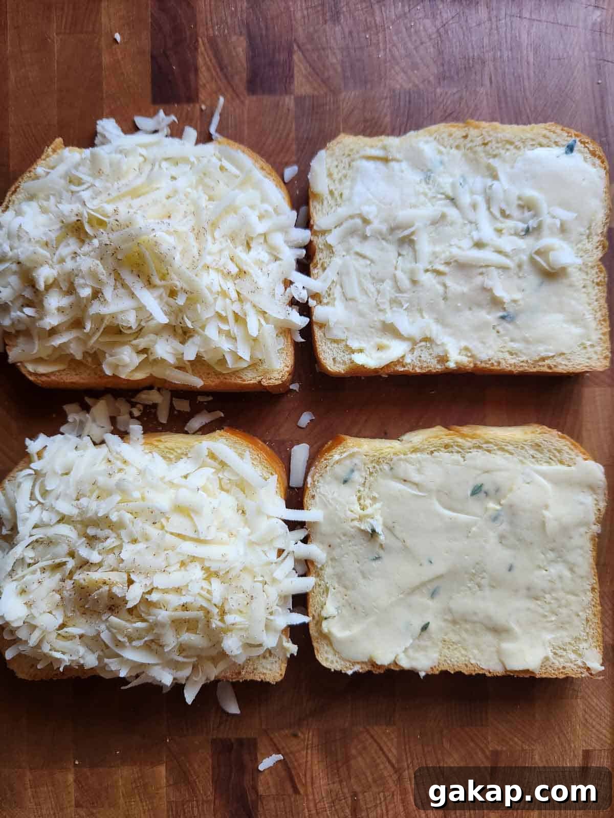 Four slices of bread on a cutting board topped with shredded cheese.