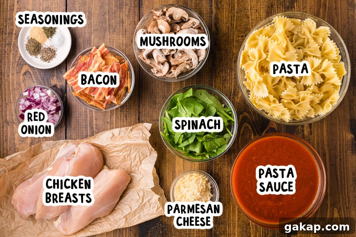 Creamy Slow Cooker Chicken and Bacon Pasta Recipe 3 ingredients for slow cooker chicken bacon pasta on a table.