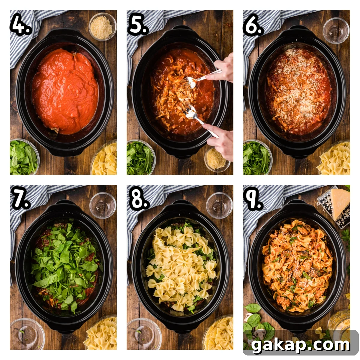 Creamy Slow Cooker Chicken and Bacon Pasta Recipe 5 six images showing how to make slow cooker chicken bacon pasta.