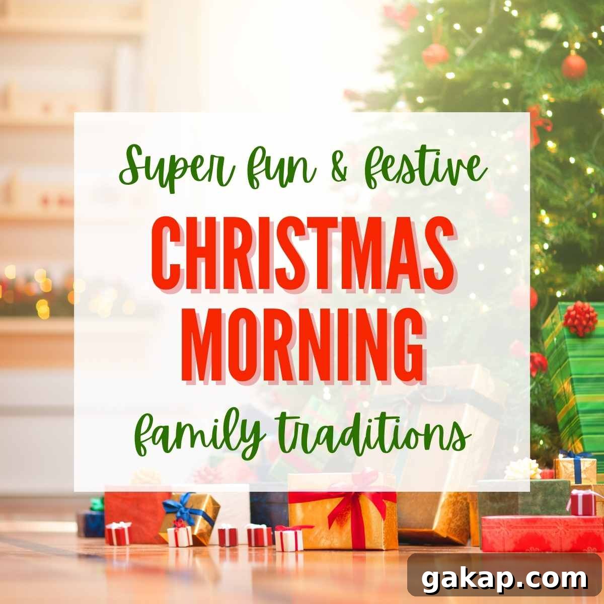 christmas morning with presents and a tree with text overlay