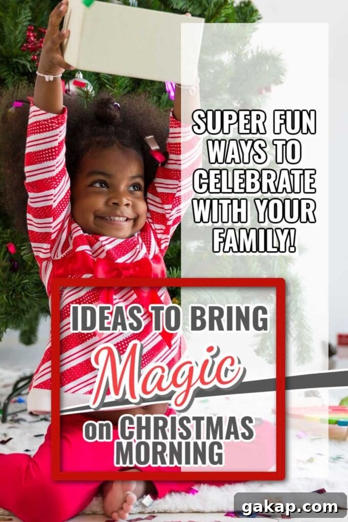 little girl holding a present in from of a Christmas tree with text overlay.