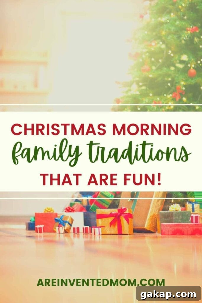 christmas morning with presents and a decorated christmas tree with text overlay