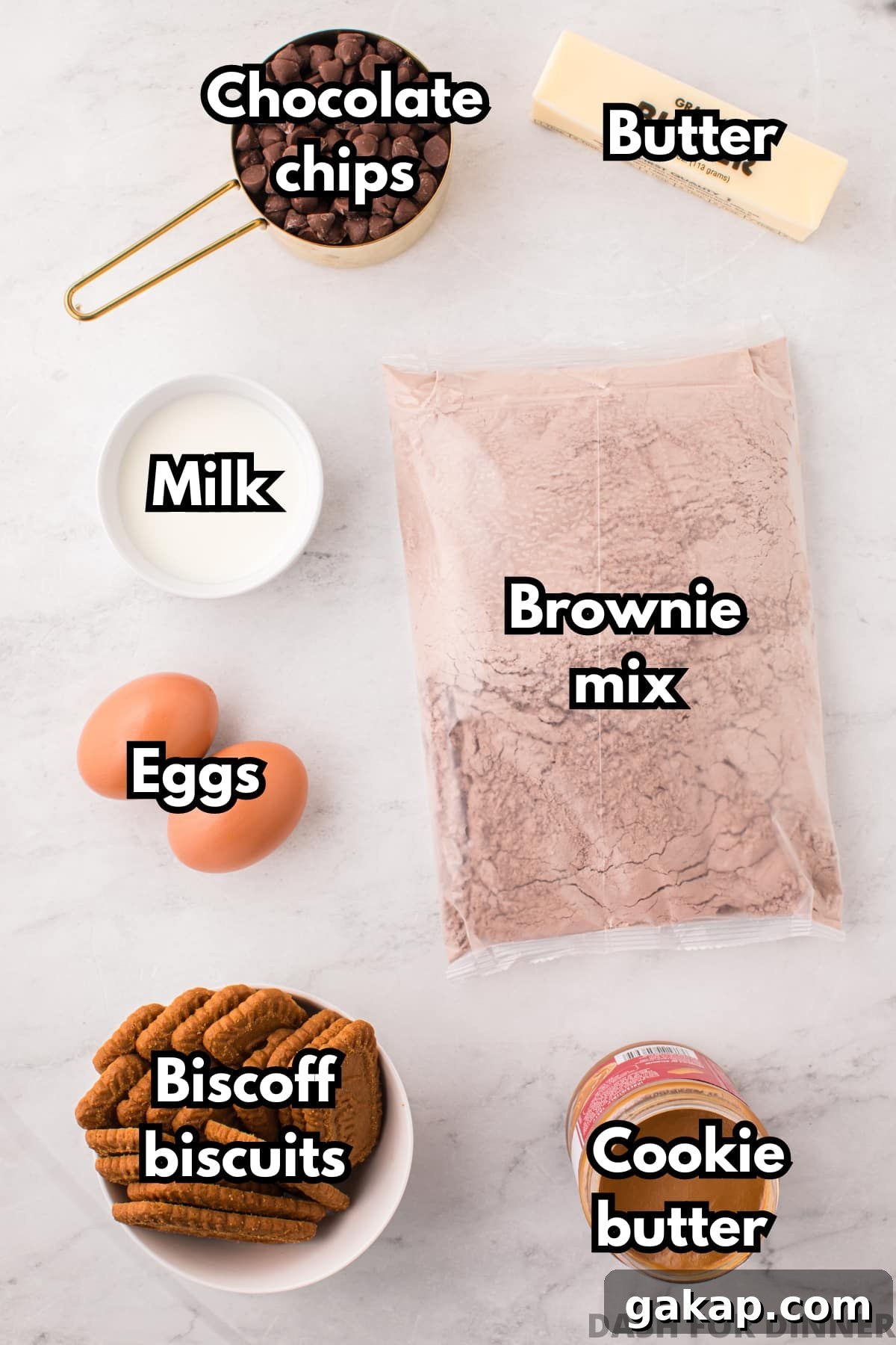 The ingredients needed to make Biscoff brownies.