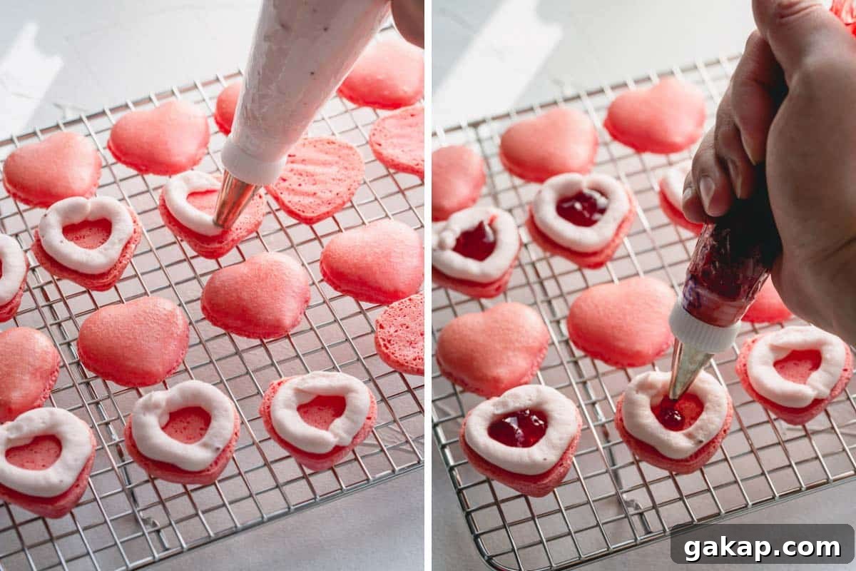 Side by side images of piping the filling on macaron shells.