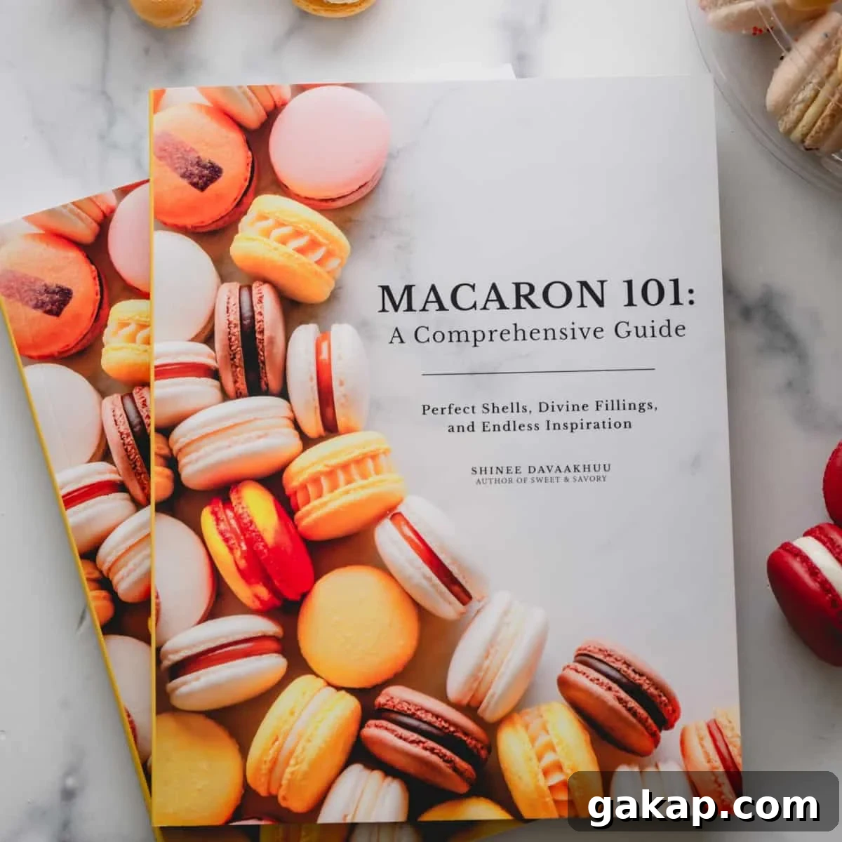 "Macaron 101" cookbook on a marble background.