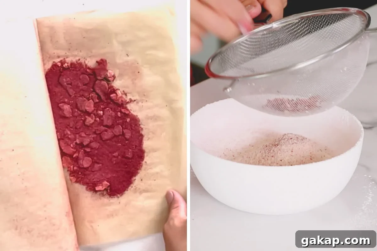 Side by side images of preparing the strawberry powder and sifting the dry ingredients.