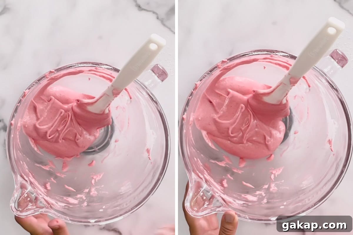Side by side images of testing macaron batter.