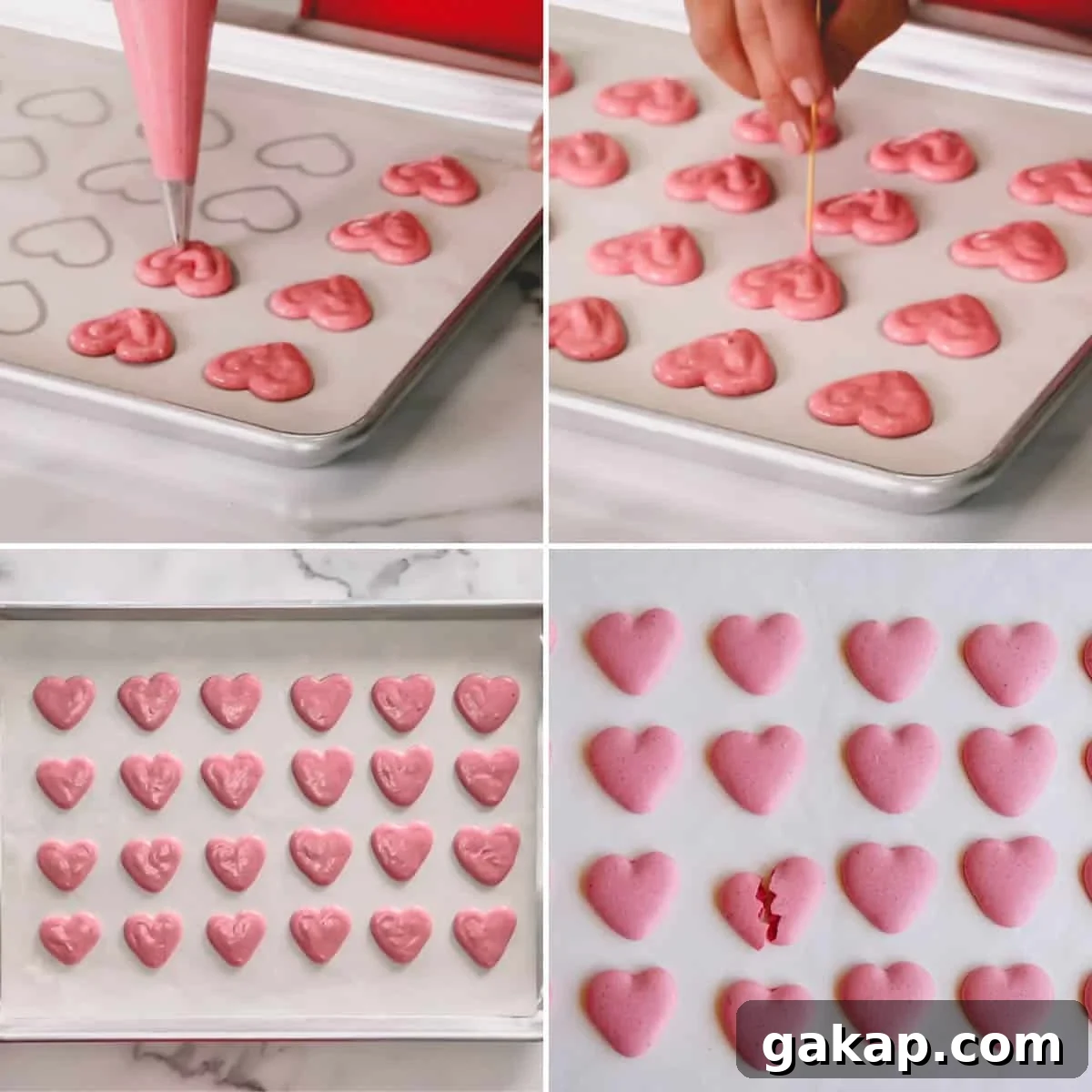 Step by step photos of piping heart macaron shells.