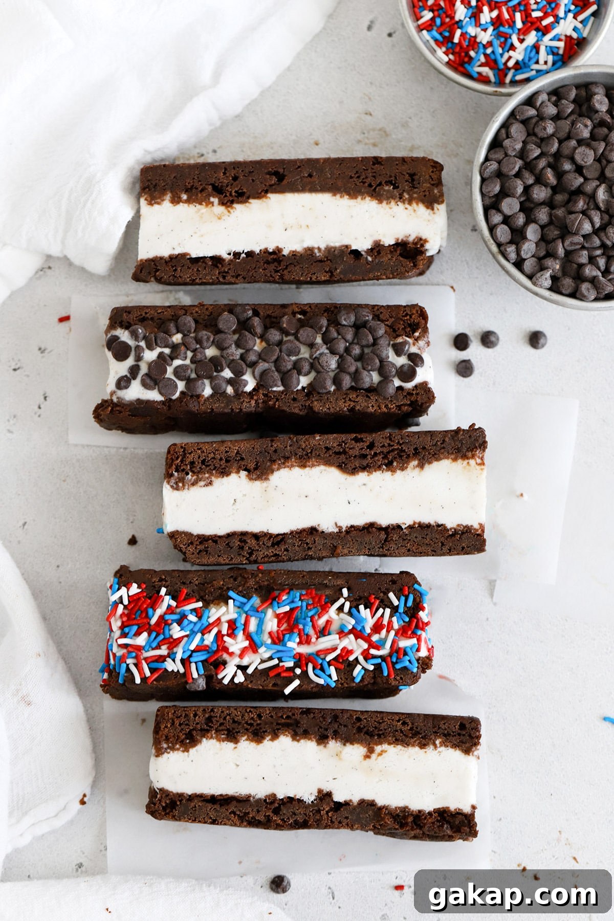 Gluten-Free Brownie Ice Cream Sandwich Recipe 8 Overhead view of gluten-free brownie ice cream sandwiches cut into bars