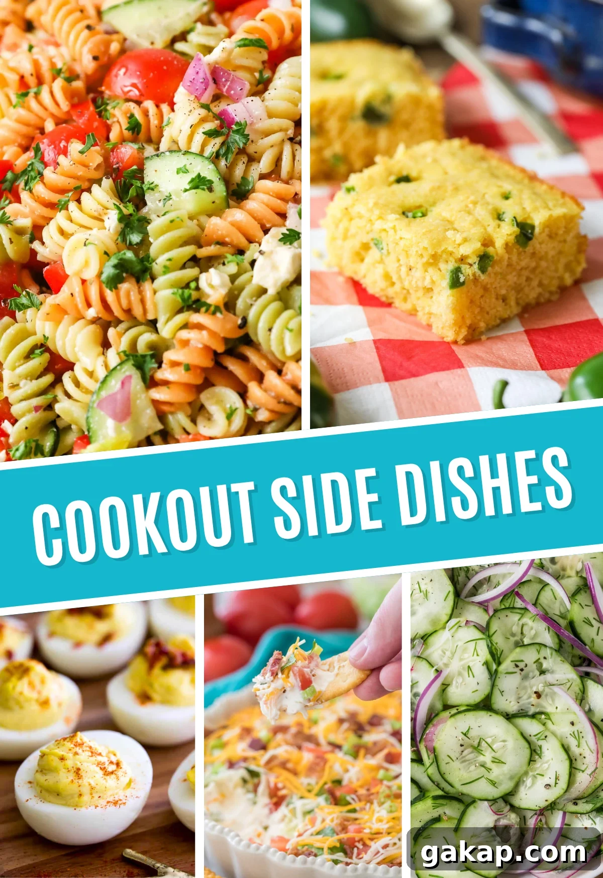 Collage of cookout side dishes including jalapeno cornbread, pasta salad, deviled eggs, BLT dip, and cucumber salad.
