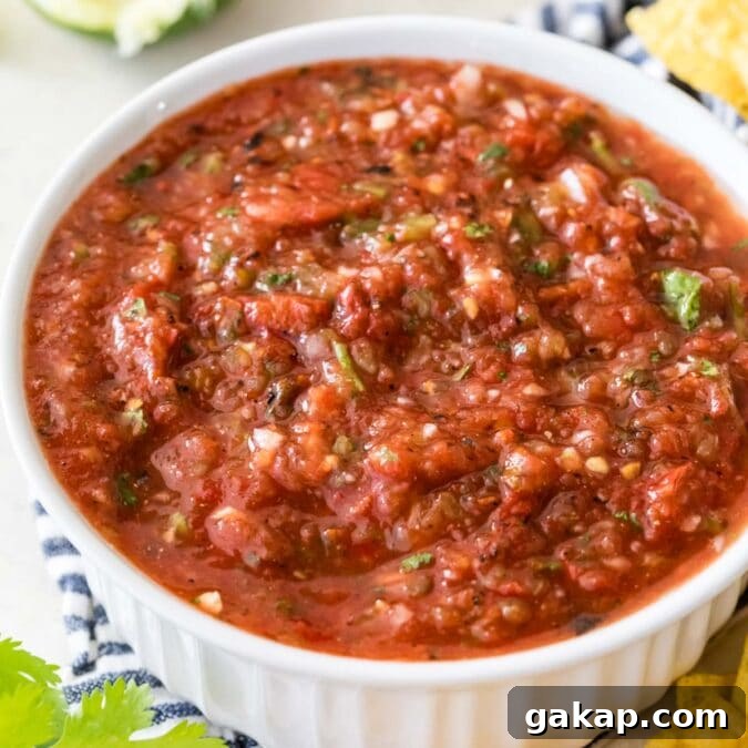 white dish filled with restaurant-style homemade salsa