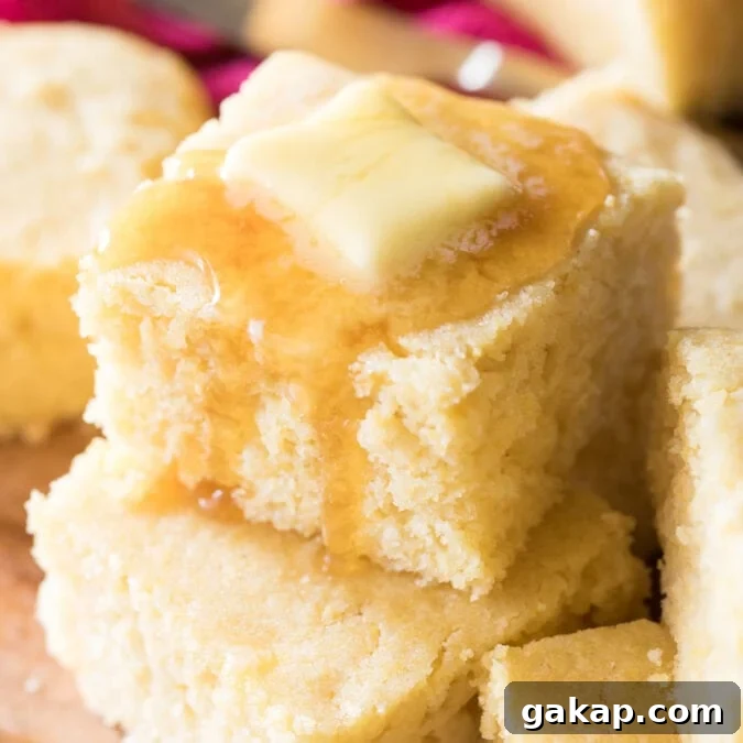 stacked squares of buttermilk cornbread topped with honey and butter