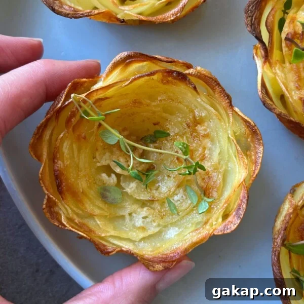 Crispy Hasselback Potatoes with Garlic Butter and Parmesan 5 A hand holds a crispy, golden-brown potato rose, garnished with fresh thyme and displayed on a light blue plate with more elegant potato roses in the background.