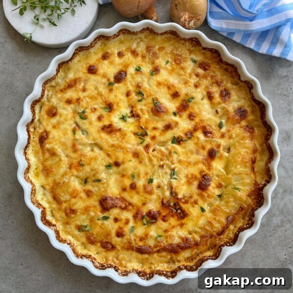 Crispy Hasselback Potatoes with Garlic Butter and Parmesan 6 A freshly baked potato gratin, perfect for hearty food recipes, sits in a round white ceramic dish topped with golden melted cheese and fresh herbs, beside brown onions and a blue-striped cloth on a gray surface.