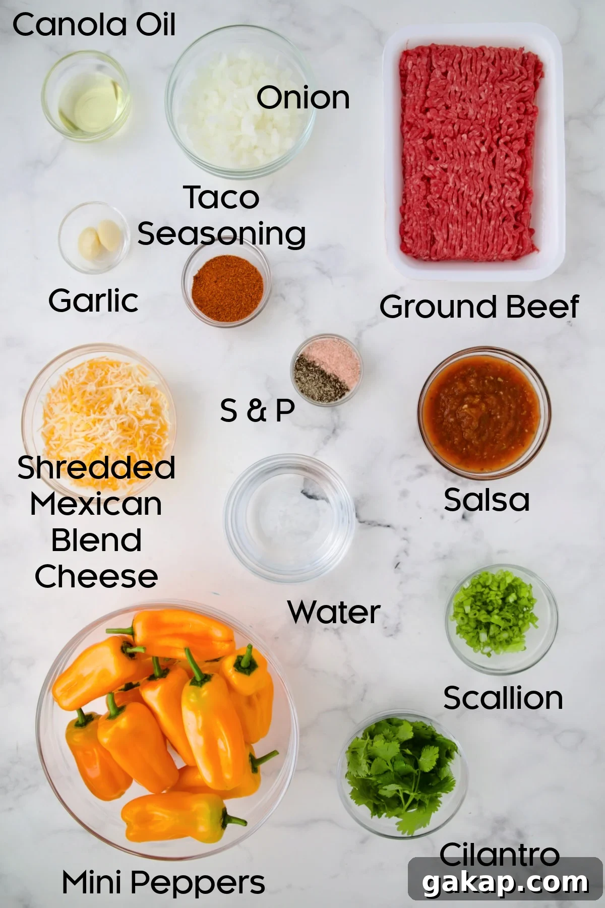 Mini Pepper Tacos: Flavor-Packed Taco-Stuffed Peppers 4 Ingredients for Taco-Stuffed Mini Peppers in glass bowls.