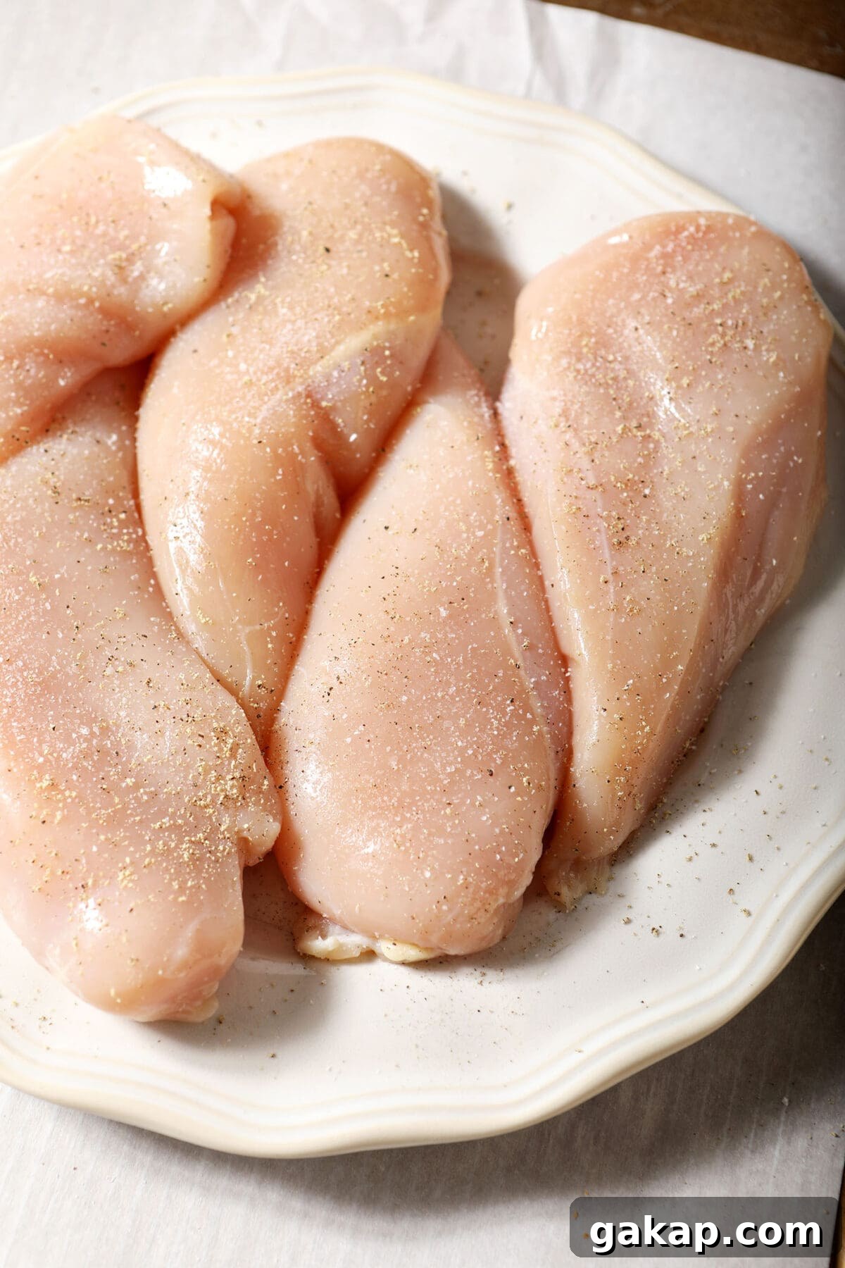 Raw chicken breasts on a white plate seasoned with salt and pepper