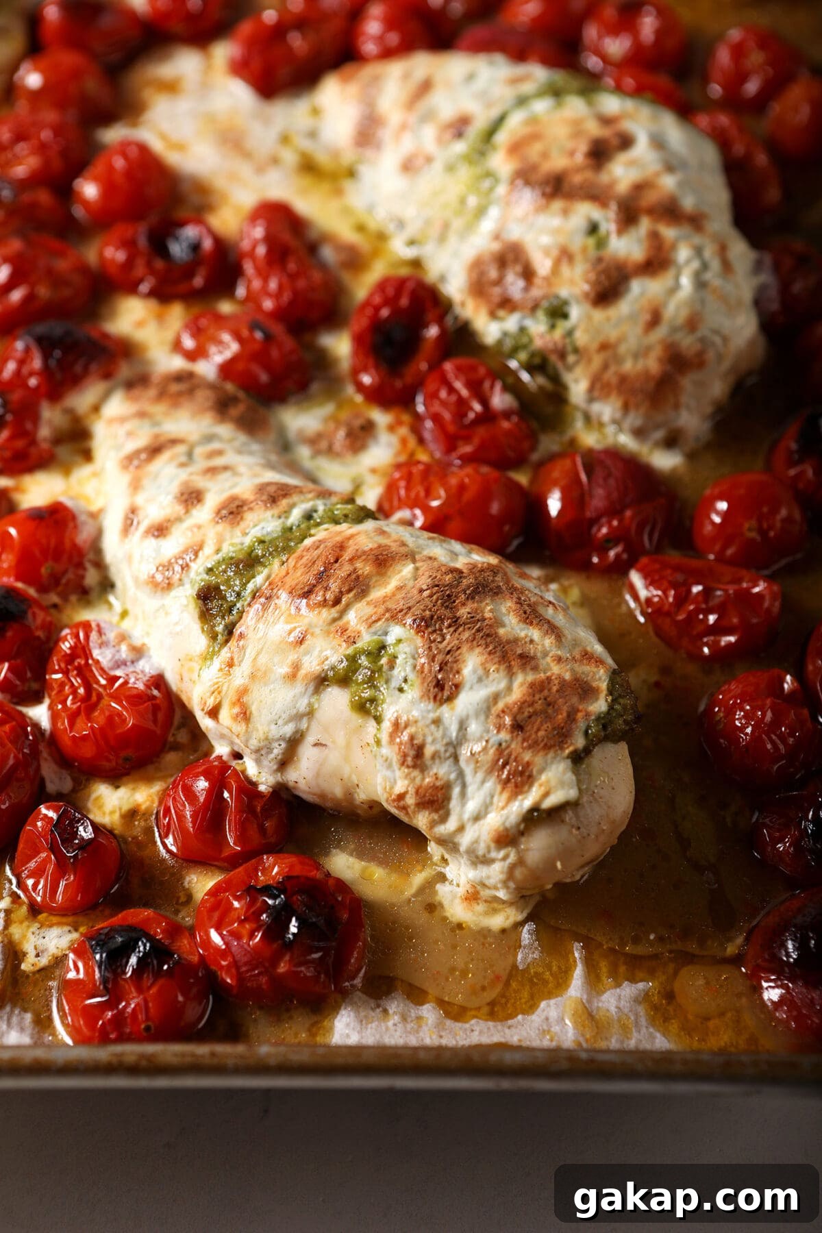 Roasted chicken breasts with melted mozzarella on top with roasted tomatoes on a sheet pan