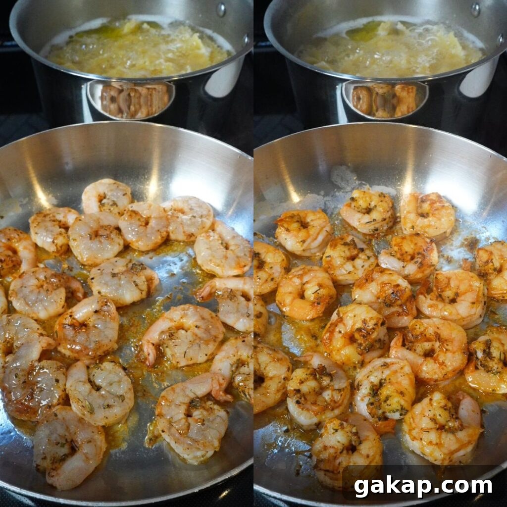 Before and after images of shrimp cooking with pasta cooking the background for creamy sun dried tomato pasta. 