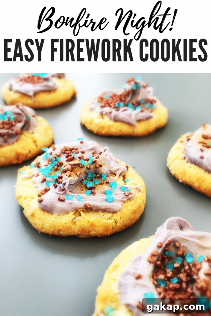 easy bonfire night cookies decorated with violet chocolate and cake sprinkles. text overlay "Bonfire Night! Easy Firework Cookies"