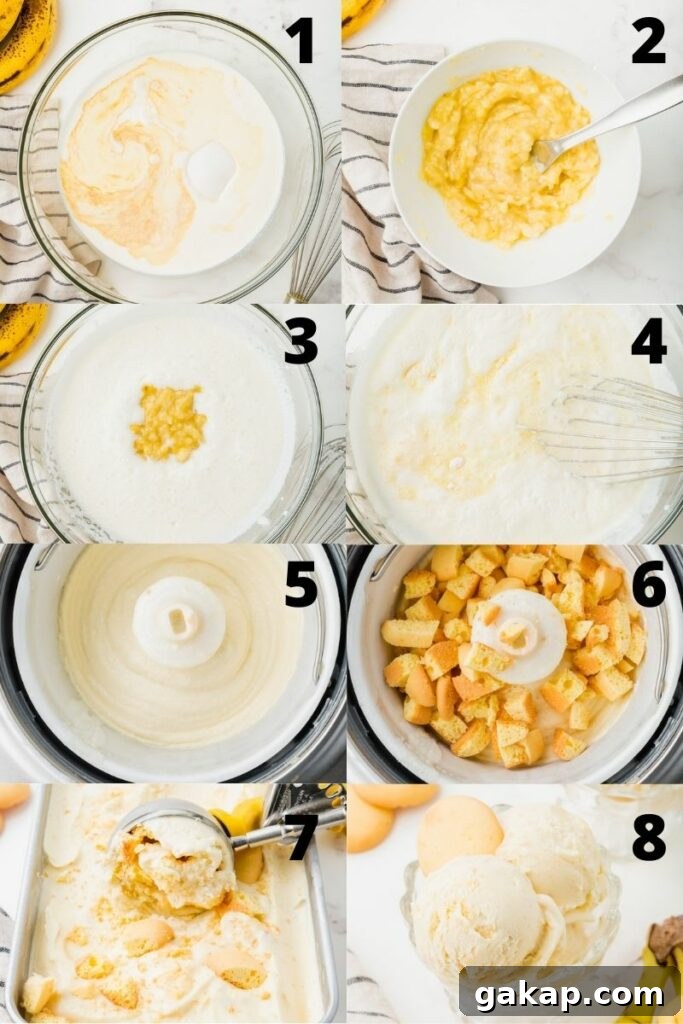 Creamy Banana Pudding Ice Cream Recipe You’ll Love 4 Photo collage showing 8 steps needed to make banana pudding ice cream.