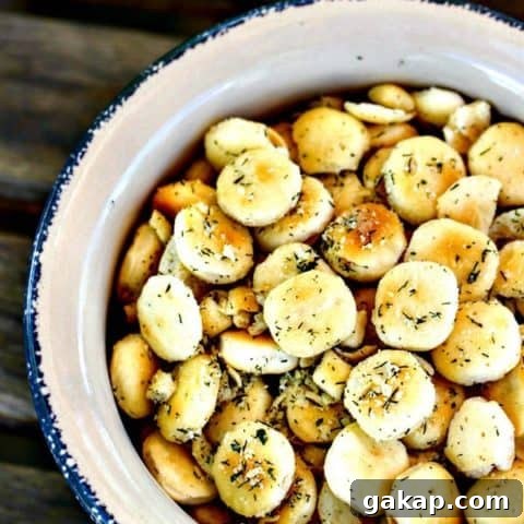 Ranch Oyster Crackers in a white dish on a wooden table