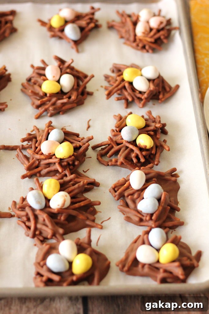 Chocolate covered birds nest cookies are an easy, no bake treat for Spring or Easter! #nobakecookies #birdsnest #eastertreats Chocolate covered birds nest cookies