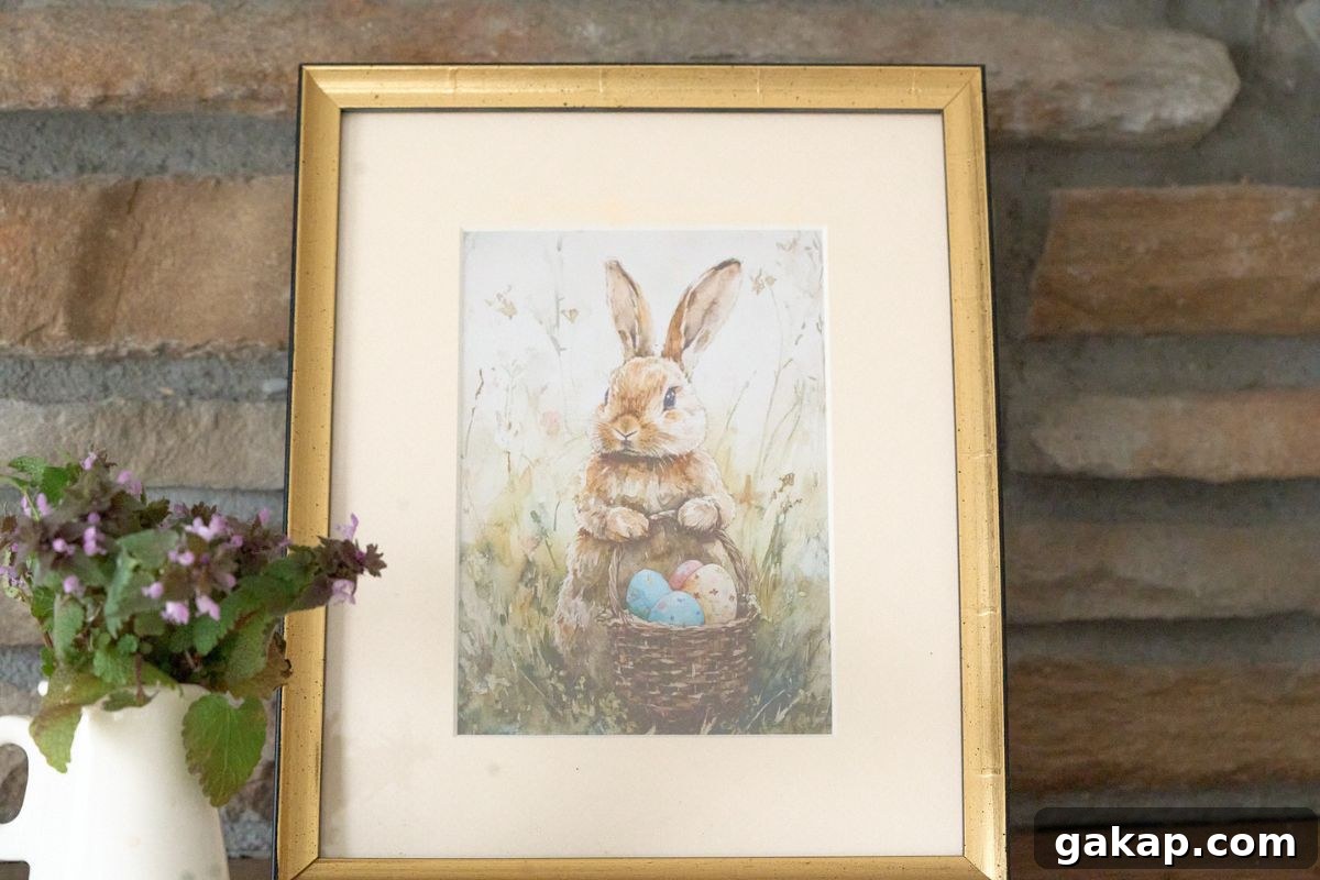 framed easter bunny print on stone mantle.