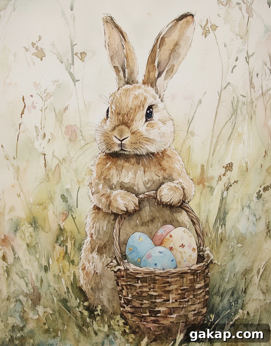 watercolor of easter bunny holding basket of colored eggs