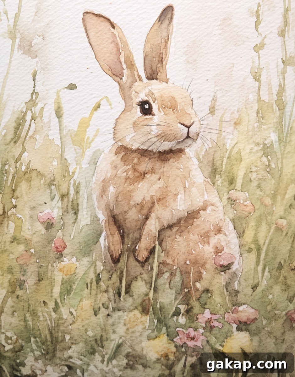 watercolor of bunny in light green grass