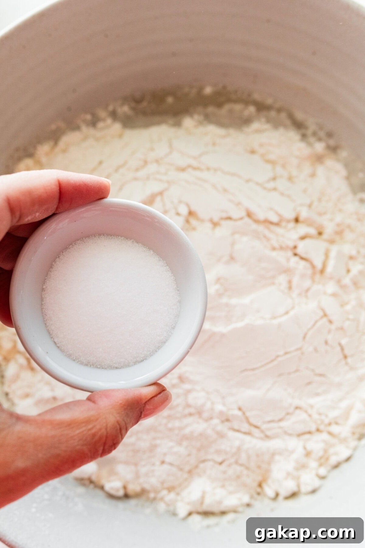 Flour added to the bowl and a hand holding the salt above. 