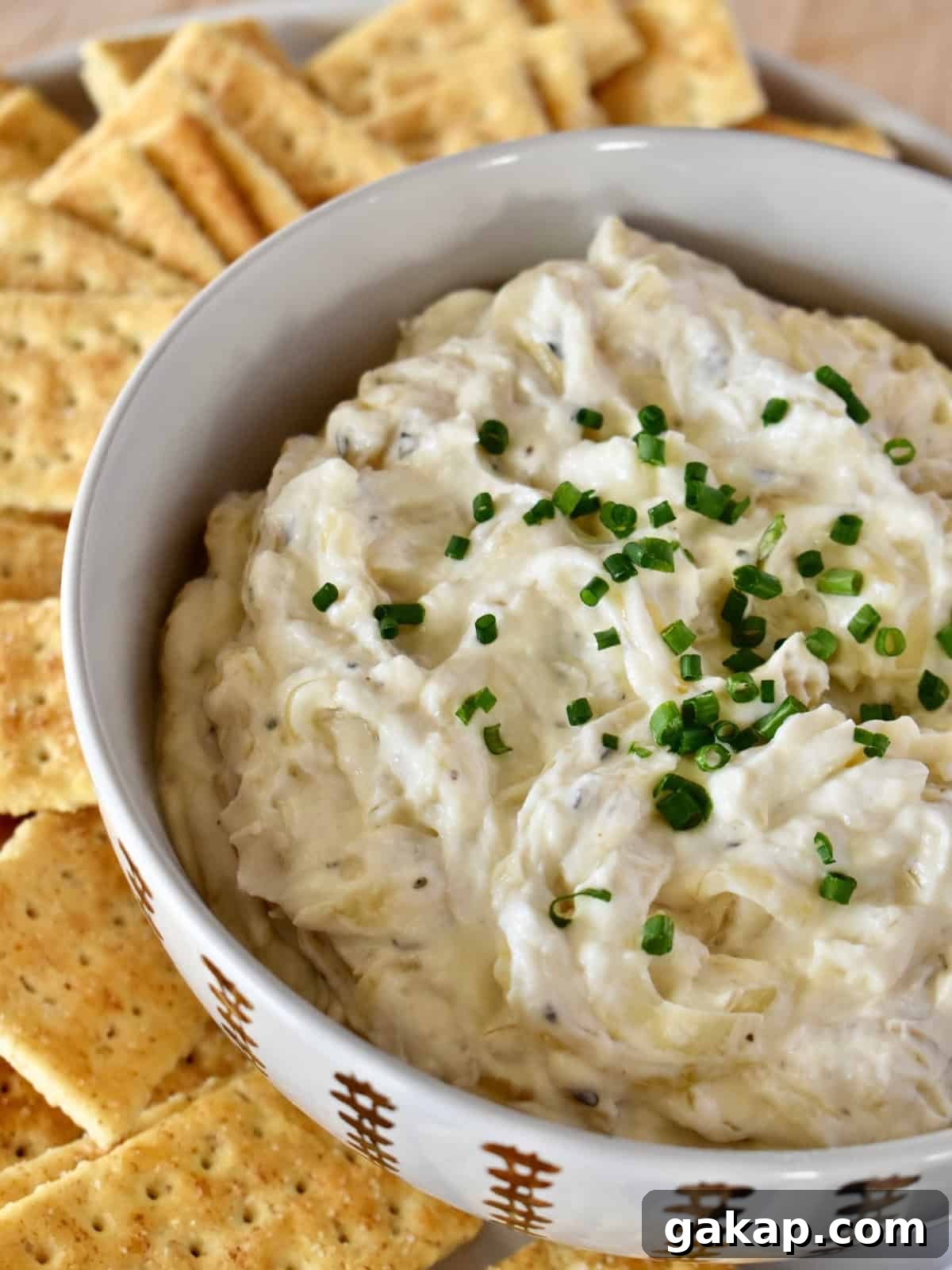 Caramelized onion dip with greek yogurt in a bowl with crackers. 