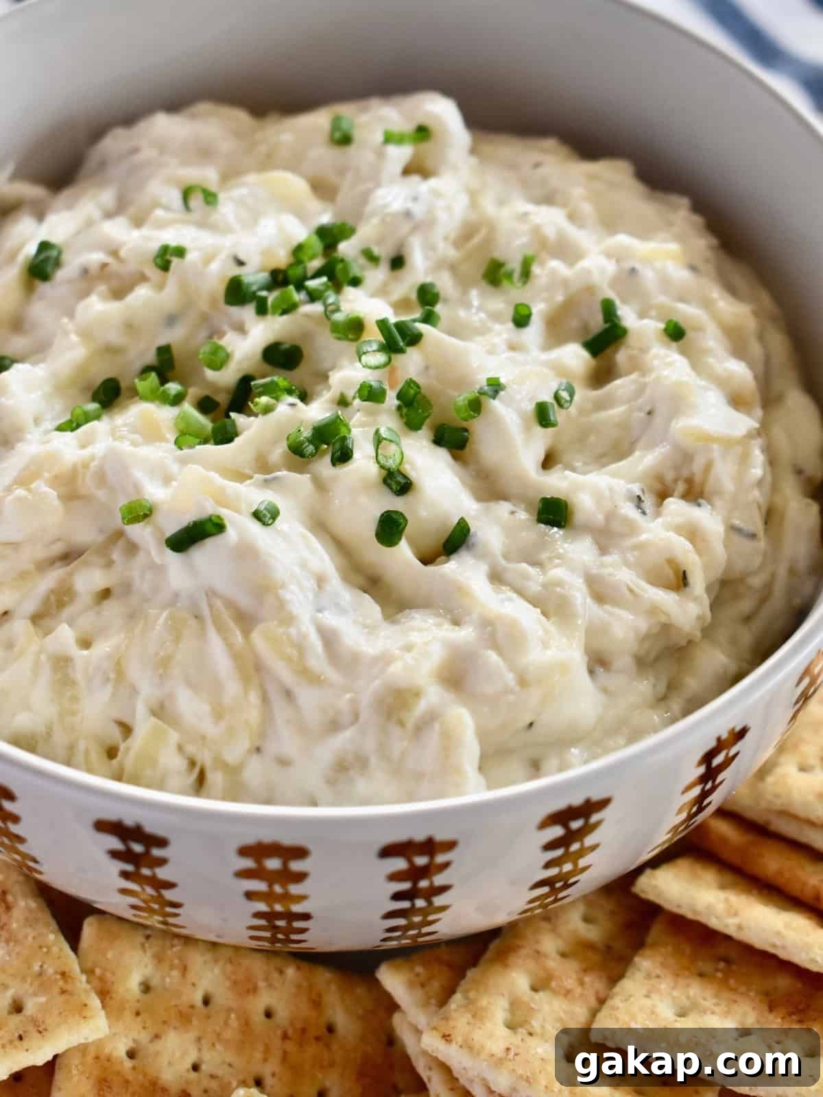 Caramelized Onion Dip with Greek yogurt in a bowl with crackers next to it. 