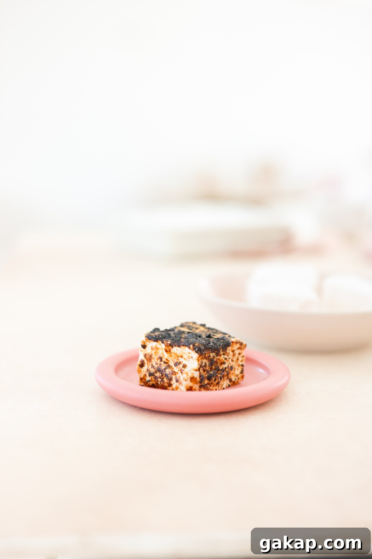 A vegan marshmallow on a pink plate