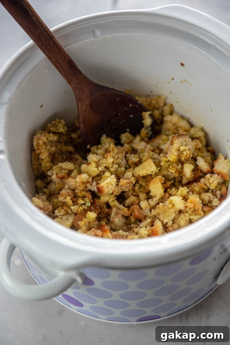stuffing in a round white slow cooker