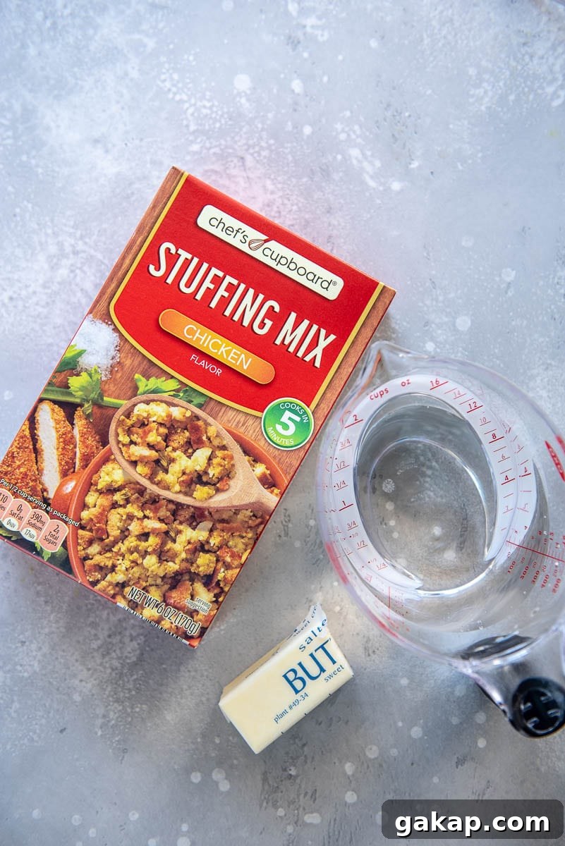 boxed stuffing, butter and measuring cup with water