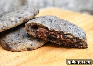Nutella Stuffed Cookies and Cream Cookies close-up with Nutella center