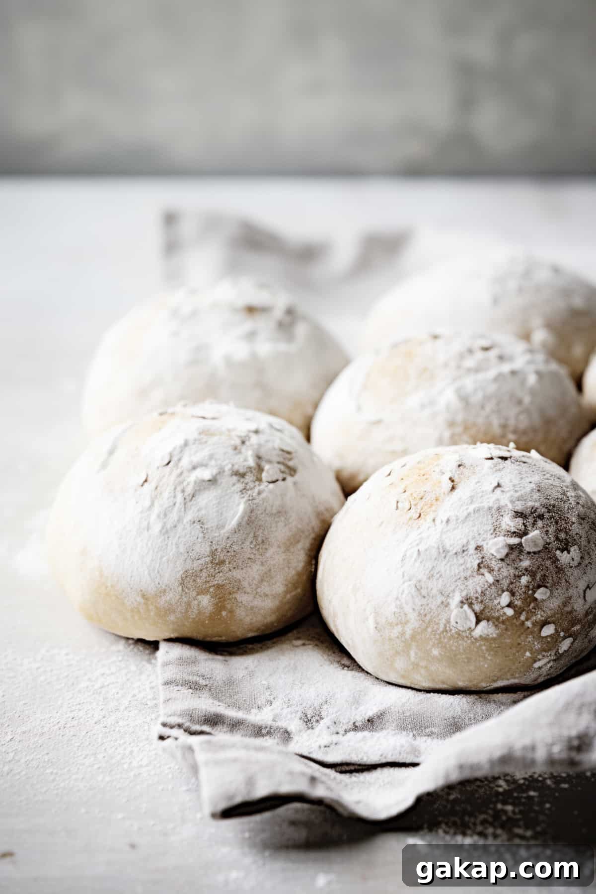 Unbaked bread rolls on a floured surface.