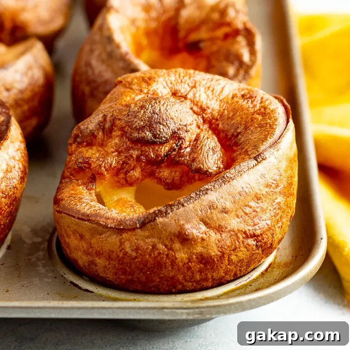 Yorkshire puddings in a Yorkshire pudding pan with a mustard yellow napkin in the background.