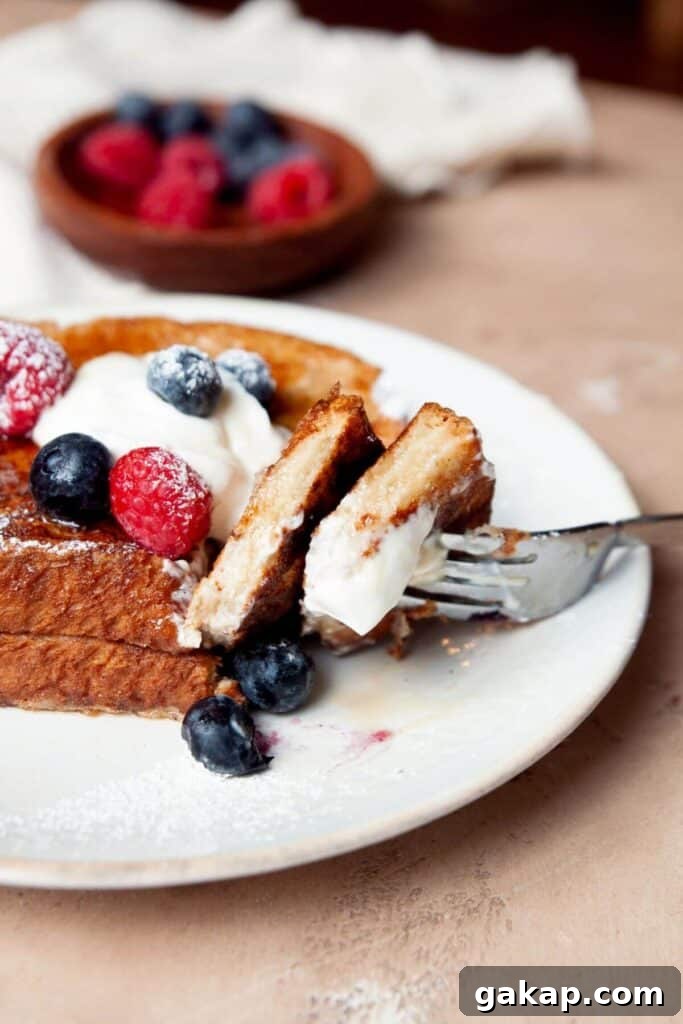 Gooey and soft inside of high protein, anabolic French toast.