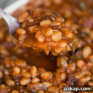 spoonful of homemade baked beans with bacon