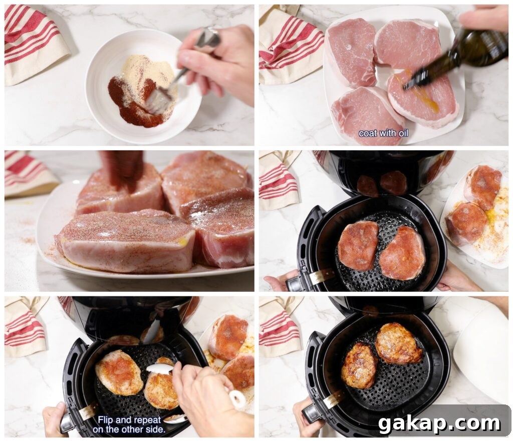 collage of 6 photos showing how to make air fryer pork chops