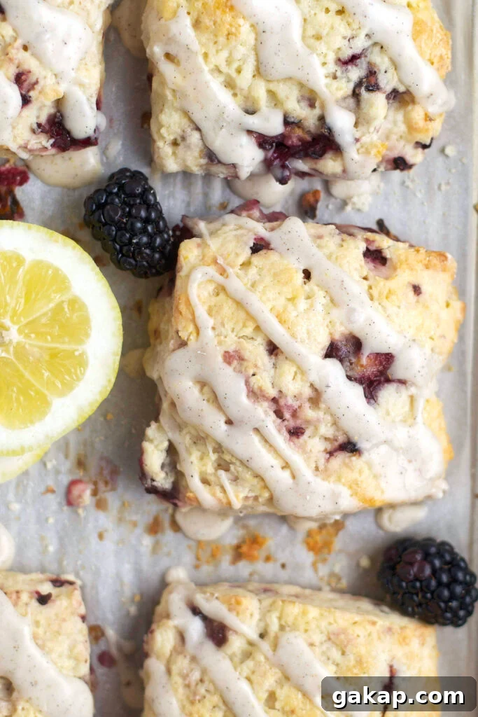 baked scones on a baking sheet with fresh lemons and blackberries